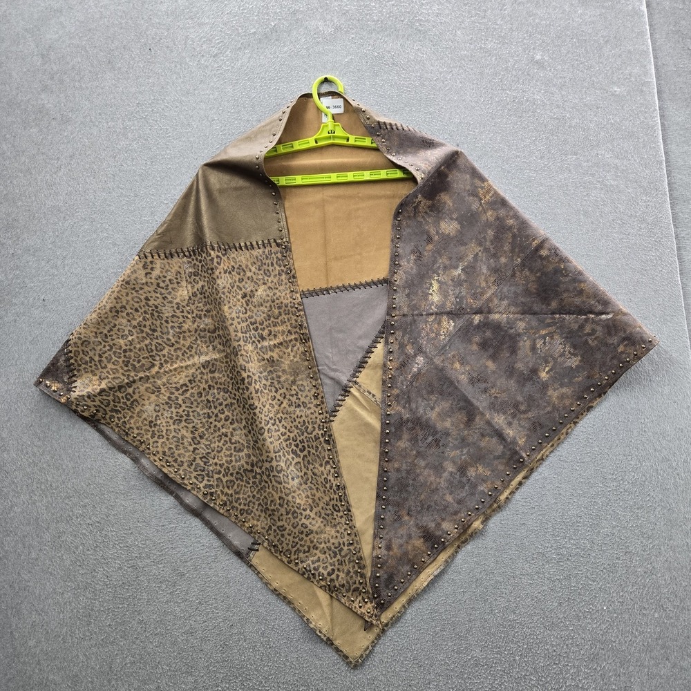 Chico's Women Top OS Brown Leather Shawl Kimono Studded Patchwork Boho